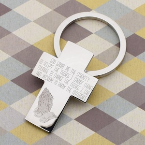Beautifully Engraved Cross Keyring with The Serenity Prayer and Praying Hands