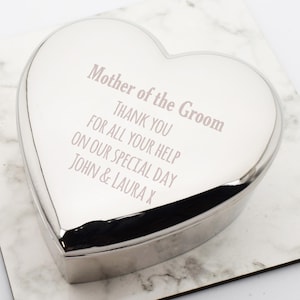 Beautifully Engraved Personalised Mother of the Groom Design | Silver Heart Shaped Trinket Box