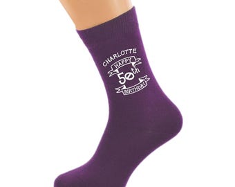 Personalised 50th Birthday Scroll Ladies Purple Socks