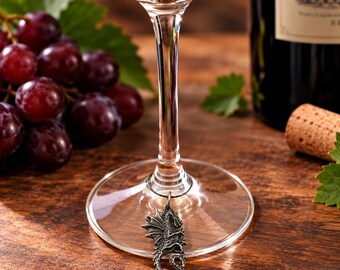 English Made Pewter Dragon Wine Glass Charm Presented in Velvet Pouch