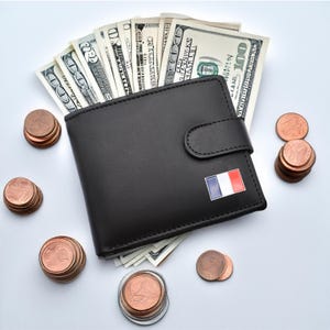 パーソナライズされたフランスの国旗デザインの黒の本革ウォレット（オプションで刻印可能なギフトボックス付き）