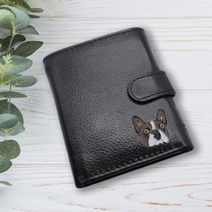 Cartera de piel auténtica negra con texto personalizado y diseño de bulldog francés.