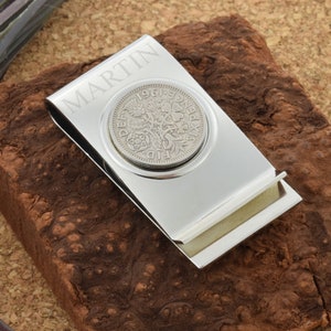 Silver Finish Money Clip with 1955 70th Birthday sixpence with name engraved