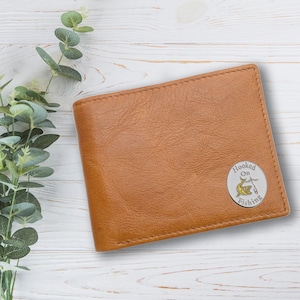Personalised Hooked on Fishing Design Tan Genuine Leather Wallet with Optional Engraved gift box