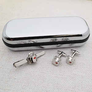 Locked in Love Padlocks Tie Clip and Cufflinks Set in Engraved personalised box