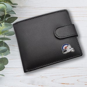 Cartera de cuero genuino negra con diseño MOD de scooter personalizado con diseño redondo y caja de regalo grabada opcional