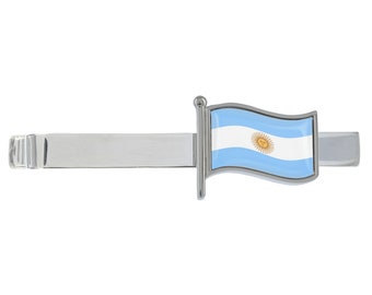 Pince à cravate argentée représentant le drapeau de l'Argentine, présentée dans une boîte chromée personnalisée