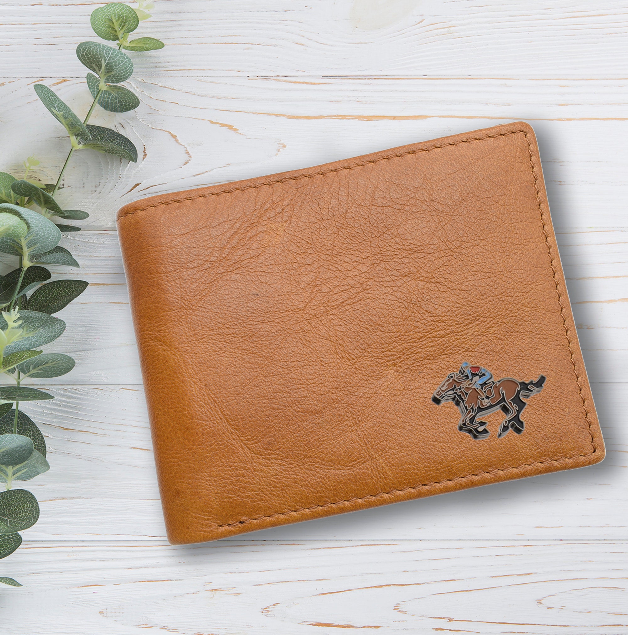 Personalised Horse Racing Rider Design Tan Genuine Leather Wallet with Optional Engraved gift box