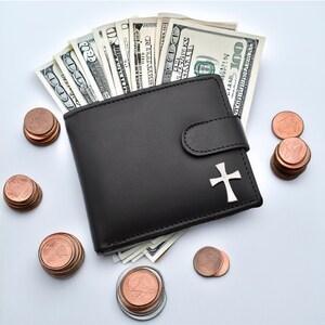 Malteser Kreuz Zinn Design Schwarz Echtleder Brieftasche mit optionaler personalisierter Gravur