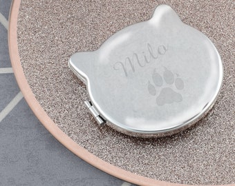 Beau miroir de sac à main en forme de chat avec empreinte de patte gravée et nom | Cadeau pour les amoureux des chats