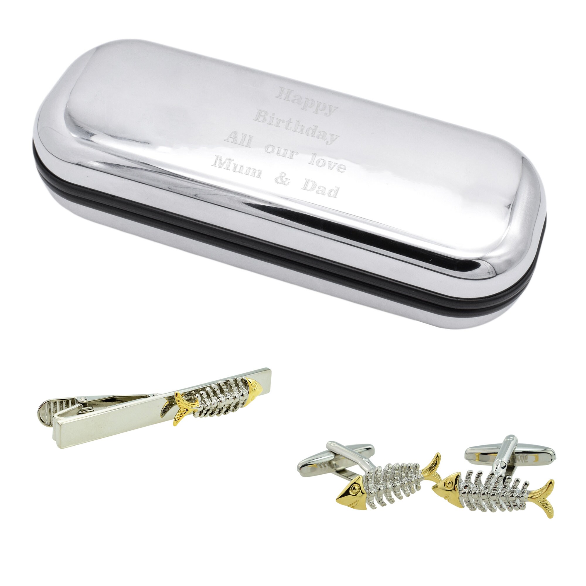 魚の骨のネクタイピンとカフスボタンのセット、刻印入りの個人用