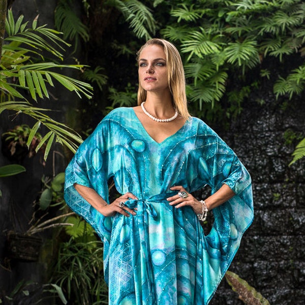 Perfection - pure silk dress, Ocean blue meditation clothing, Long caftan goddess dress, Sacred geometry art, Natural silk V-neck dress
