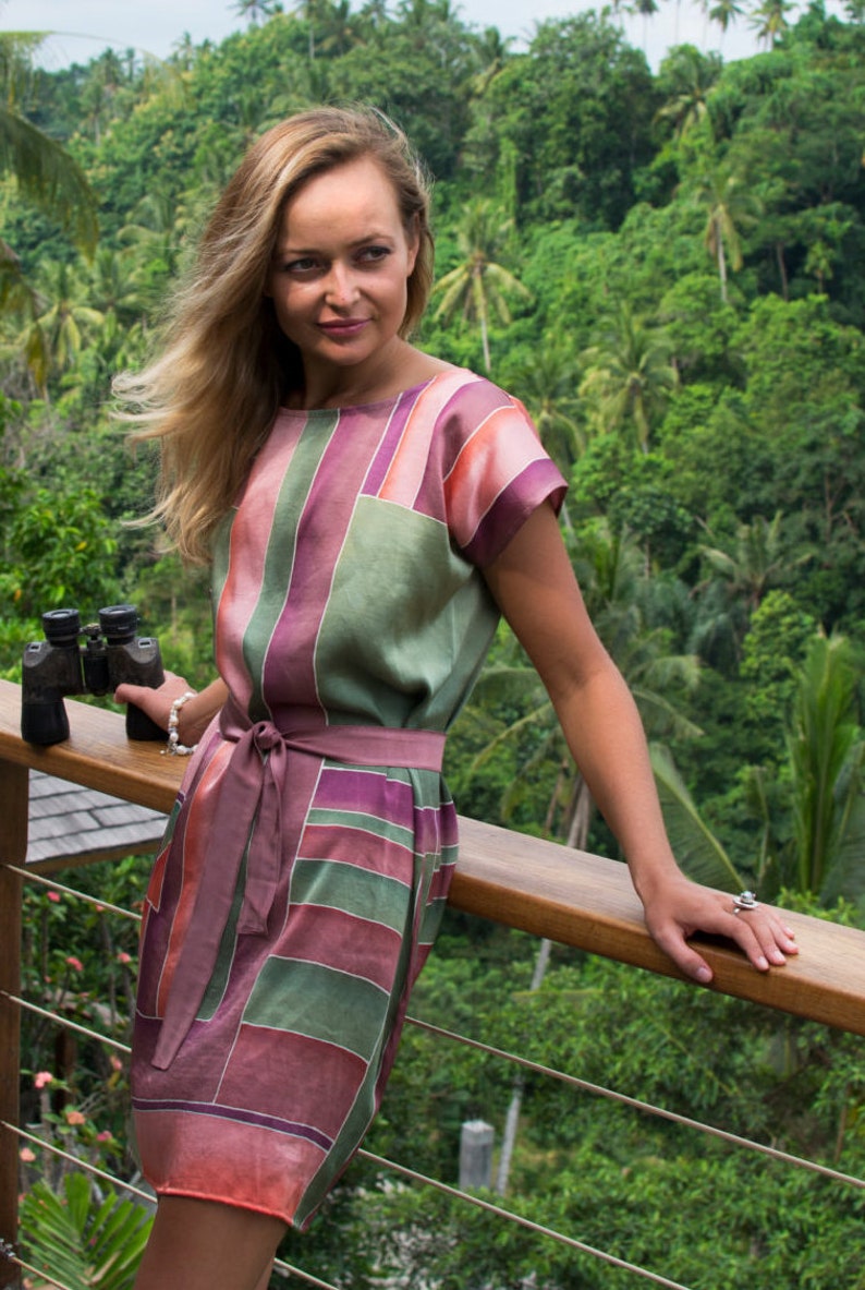 Geometric shift dress Party blouse Lilac tunic Peach silk Hand painted batik on natural silk Labyrinth \u2013 Silk tunic Women loose tunic