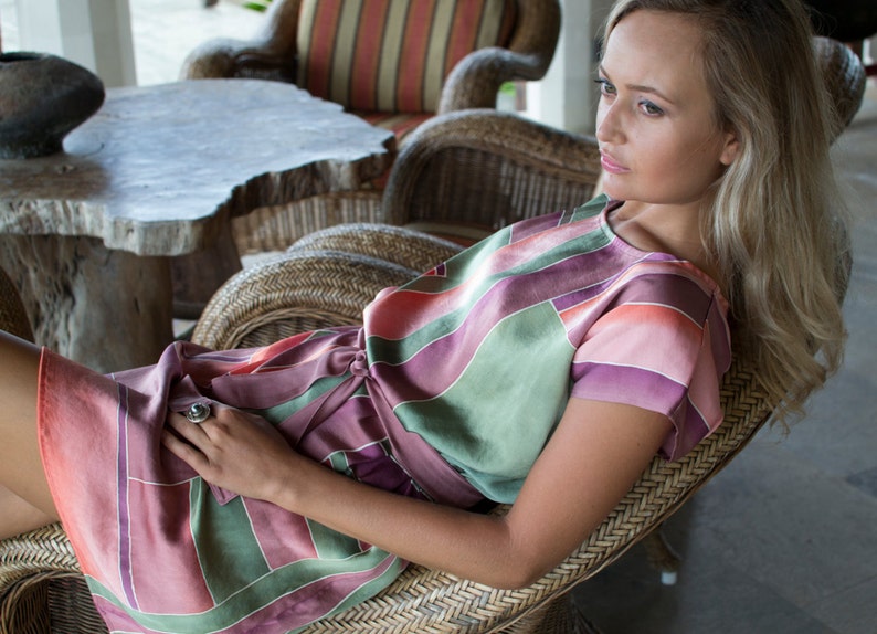 Geometric shift dress Party blouse Lilac tunic Peach silk Hand painted batik on natural silk Labyrinth \u2013 Silk tunic Women loose tunic