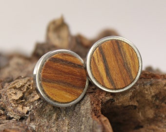 stud earrings, wood studs, unisex earring, unisex studs / wood / 12mm / stainless steal  / "Palisander" / intarsia / unique item