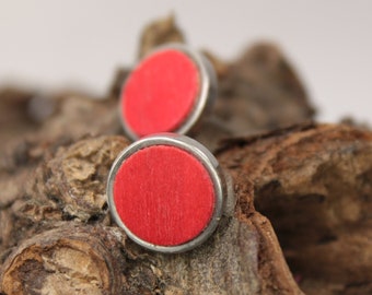 stud earrings, wood studs, unisex earring, unisex studs / wood / 12mm / stainless steal  / acer red / intarsia / unique item