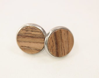 stud earrings, wood studs, unisex earring, unisex studs / wood / 14mm / stainless steal  / "walnut" / intarsia / unique item