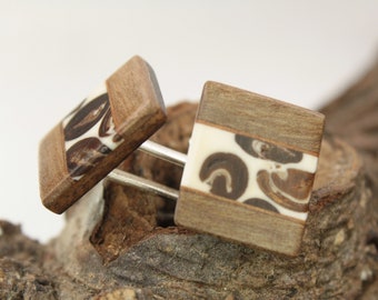 wooden cufflinks, cuff links, gift for men / intarsia / high quality mechanism / made of coffeebeans in white resin and walnut