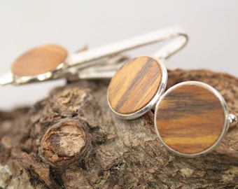 Set boutons de manchettes et Brace, boutons de manchette en bois, boutons de manchette en bois, cadeau pour homme/18 mm/intarsia/teck