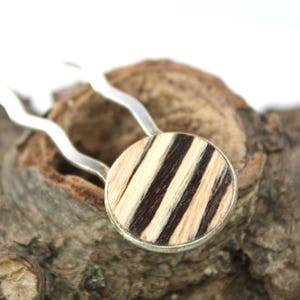 wooden hair fork , hairfork , hairpin , bun holder / mini size / Intarsia /&quot;Zebrano&quot; / wood and silver plated bronze