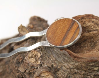 wooden hair fork , hairfork , hairpin , bun holder / mini size / Intarsia /"teak" / wood and silver plated bronze