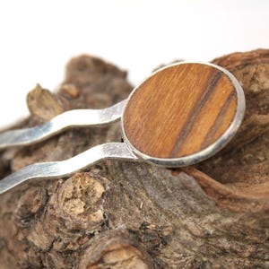wooden hair fork , hairfork , hairpin , bun holder / mini size / Intarsia /&quot;teak&quot; / wood and silver plated bronze