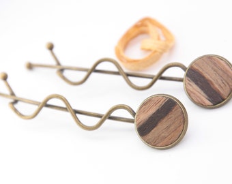 two wooden hair pins / small size 55mm / Intarsia /made of "walnut"/ mosaicwood / hair clasp made of natural wood  / wooden barrette