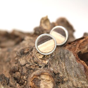tiny stud earrings, wood studs, unisex earring, unisex studs / wood / 10mm / stainless steal  / &quot;zebrano&quot; / intarsia / unique item