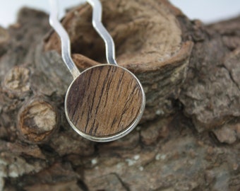 wooden hair fork , hairfork , hairpin , bun holder / mini size / Intarsia /"bog oak" / wood and silver plated bronze