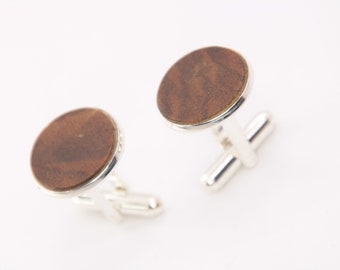 Boutons de manchette, boutons de manchette en bois, boutons de manchette en bois, cadeau pour homme / 18 mm / plaqué argent / incrustation / bois de noyer