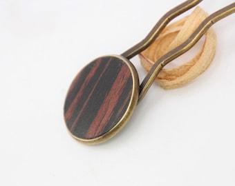 wooden hair fork , hairfork , hairpin , bun holder / mini size / hair pin is made of rosewood / silver plated bronze