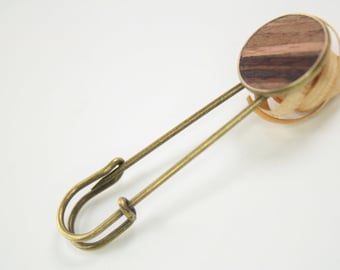 kiltpin, pin, brooch, shawl pin, scarf pin, cloak pin, wooden jewellery / mosaicwood  / walnut / bronze