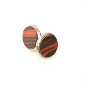 stud earrings, wood studs, unisex earring, unisex studs / wood / 14mm / stainless steal  / &quot;Palisander&quot; / intarsia / unique item