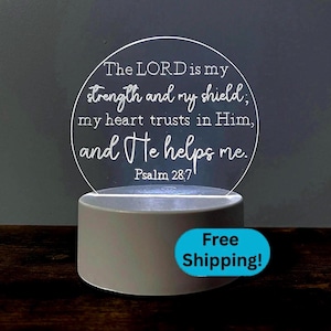 Bible Verse Lamp | Psalm 28:7 The Lord is My Strength and Shield| Engraved Color Changing LED Night Light | Christian Decor Desk Plaque