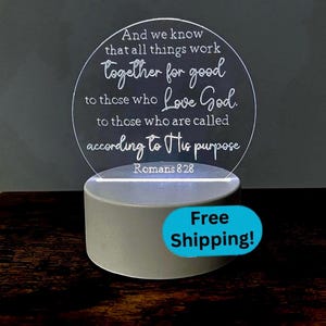 Bible Verse Lamp | Romans 8:28 All Things Work Together for Good | Engraved Color Changing LED Night Light | Christian Decor Desk Plaque