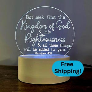Bible Verse Lamp | Matthew 6:33 Seek First Kingdom of God | Engraved Color Changing LED Night Light | Christian Decor Desk Plaque