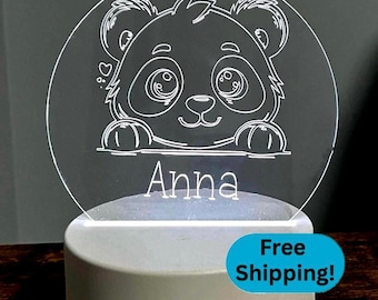 Personalized Panda Night Light | Customized with any Namr Engraved | LED Color Changing Lamp | Cute Animal Room Decor