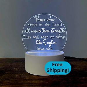 Bible Verse Lamp | Isaiah 40:31 Soar on Wings like Eagles | Engraved Color Changing LED Night Light | Christian Decor Desk Plaque