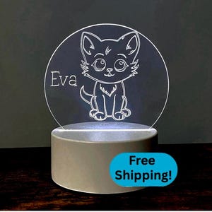 Personalized Cat Night Light | Customized with any Name Engraved | Cute Kitten Gift | LED Color Changing Lamp