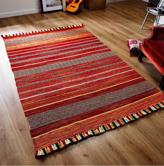 STRIPED RUST BEIGE Cotton KILIM Handwoven DHURRIE Rug Small 60x90cm MAT 60%OFF 