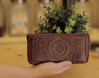 Thor Hammer Mjölnir Viking Airbrush Art Hand-Carved Leather Long Wallet