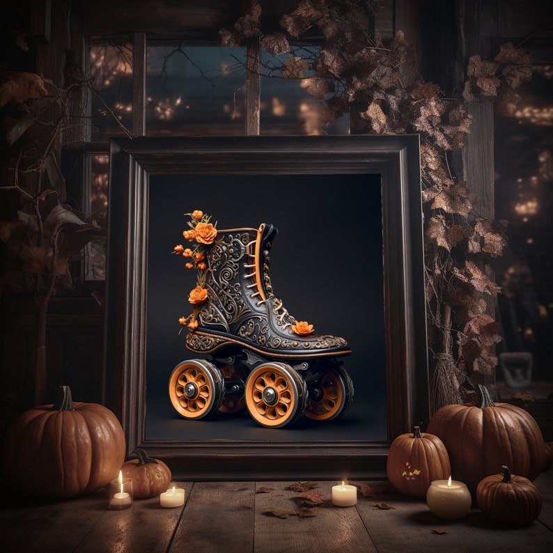 Halloween Rollschuhe Digitaldruck, Dunkelromantische Rollerblades, Fantasy Quad Skates Download Druck, Roller Derby Dekor Wandkunst Bild 1