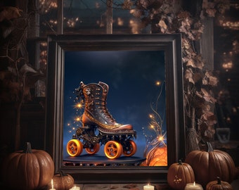 Halloween Rollschuhe Digitaldruck, Dunkelromantische Rollerblades, Fantasy Quad Skates Download Druck, Roller Derby Dekor Wandkunst