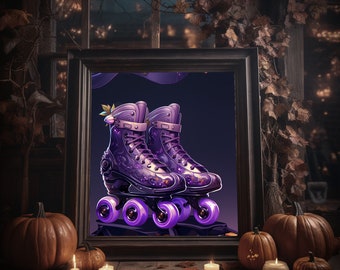 Halloween Violette Rollschuhe Digitaldruck, Dunkelromantische Rollerblades, Fantasy Quad Skates Download Druck, Roller Derby Dekor Wandkunst