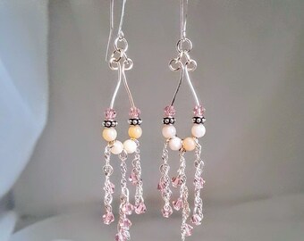 Pink Opal and Swarovski Crystal Dangling Earrings