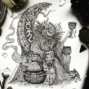 May include: A black and white ink drawing of a hooded figure holding a chalice. The figure is sitting on a throne with a large, ornate back. The figure is surrounded by smoke and a cauldron.