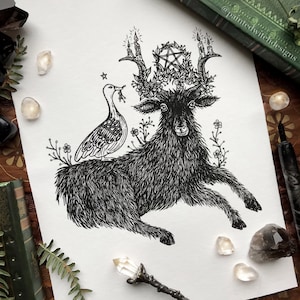 May include: Black and white pen and ink illustration of a black goat with a pentagram and candles on its antlers. A white bird with a long beak sits on the goat's back.