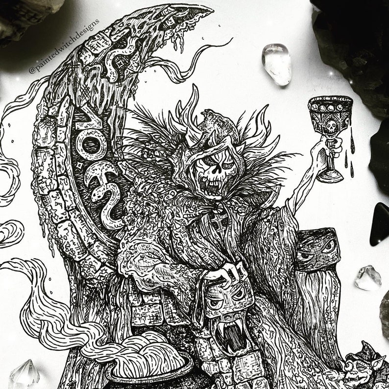 May include: A black and white ink drawing of a skeletal figure wearing a hooded robe and holding a chalice. The figure is sitting on a throne made of a crescent moon with the word "VOID" inscribed on it.