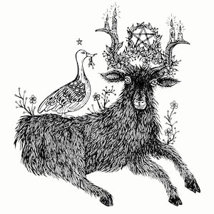 May include: A black goat with a pentagram and candles on its horns, a bird perched on its back, and flowers surrounding it.