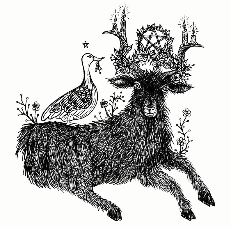 May include: A black goat with a pentagram and candles on its horns, a bird perched on its back, and flowers surrounding it.